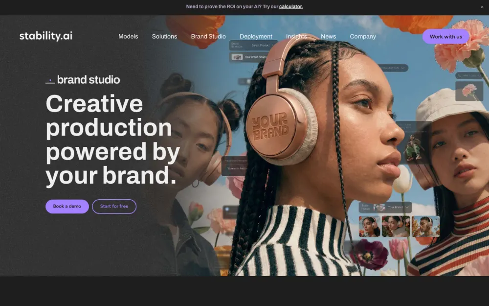 Stability AI homepage — creative production tools