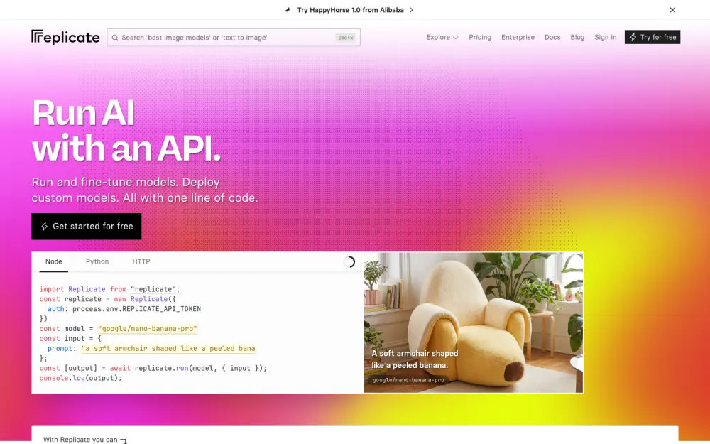 Replicate homepage — run AI with an API