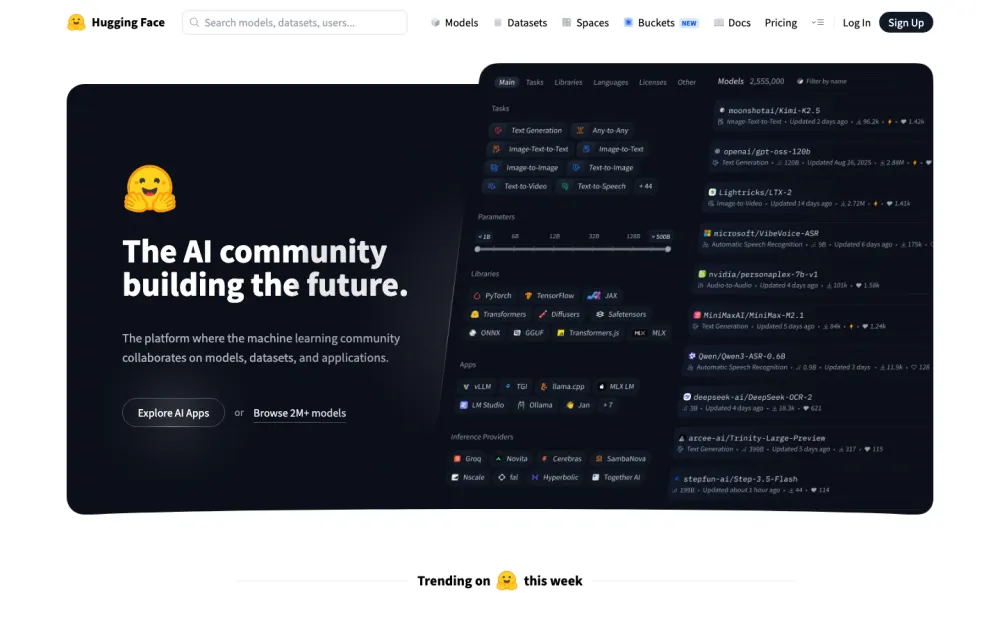 Hugging Face homepage — the AI community building the future