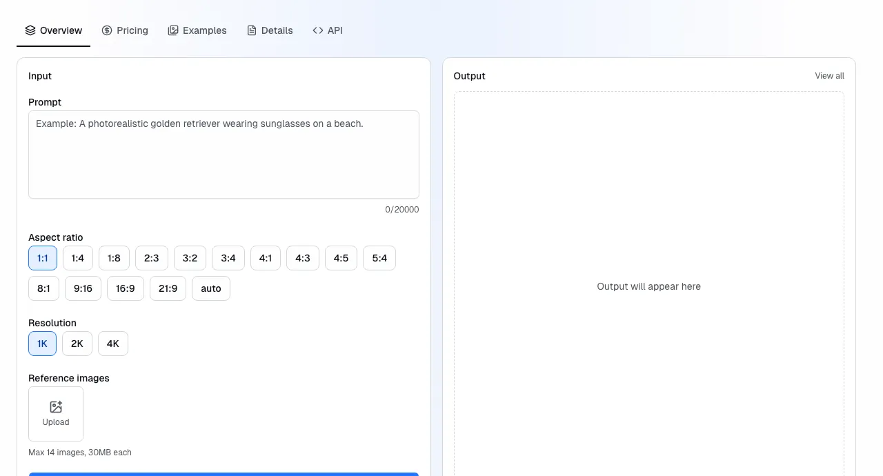 Playground interface — enter a prompt, choose aspect ratio and resolution, then click Run model