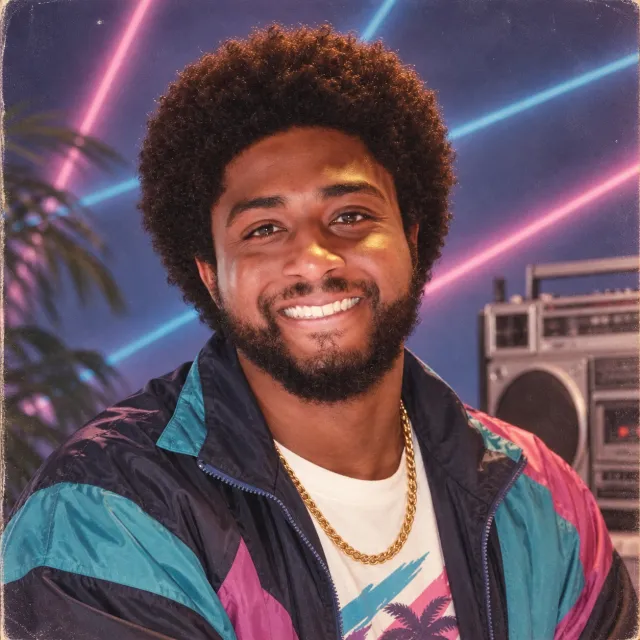 Homme souriant aux cheveux bouclés en coupe-vent turquoise, marine et rose, dans un style studio des années 1980