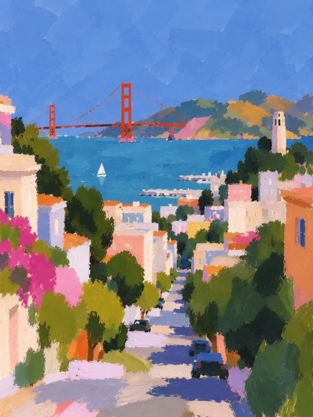Peinture impressionniste d'une rue de San Francisco descendant entre des maisons colorées