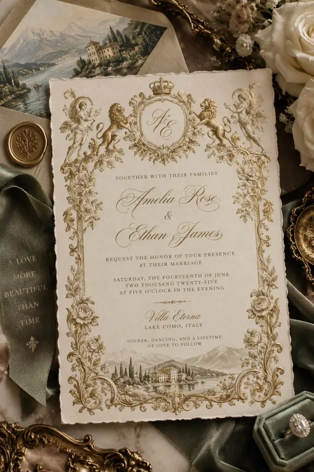 Faire-part de mariage crème et or très ouvragé, avec monogramme couronné et bordures décoratives