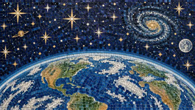 Mosaïque de carreaux bleu et or représentant la Terre sous un ciel constellé de planètes