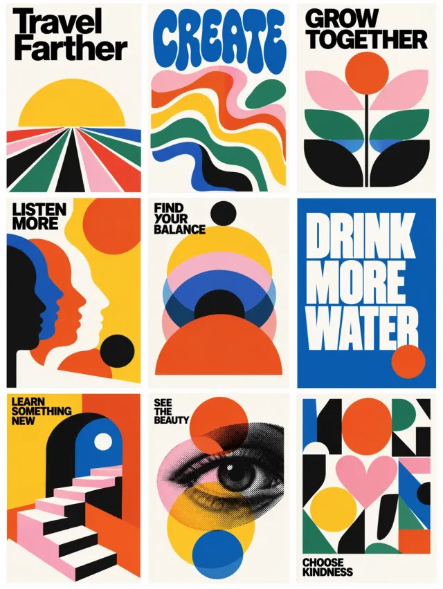 Neuf affiches de style mid-century modern disposées en grille trois par trois, avec une typographie affirmée