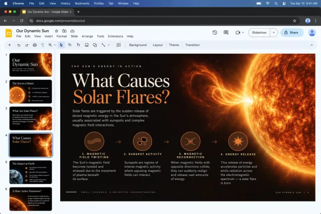 Une diapositive expliquant les éruptions solaires, mêlant schéma, texte et image
