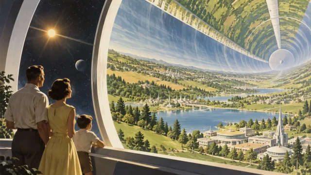 Illustration années 1950 : une famille contemple une vaste colonie spatiale cylindrique