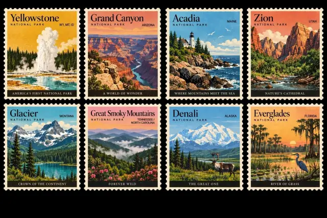 Huit timbres de style vintage sur les parcs nationaux, au trait et au lettrage fins