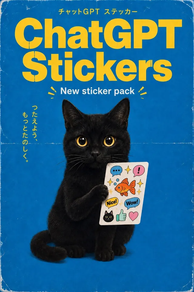 Affiche bleue de style vintage portant la mention « ChatGPT Stickers » en anglais et en japonais