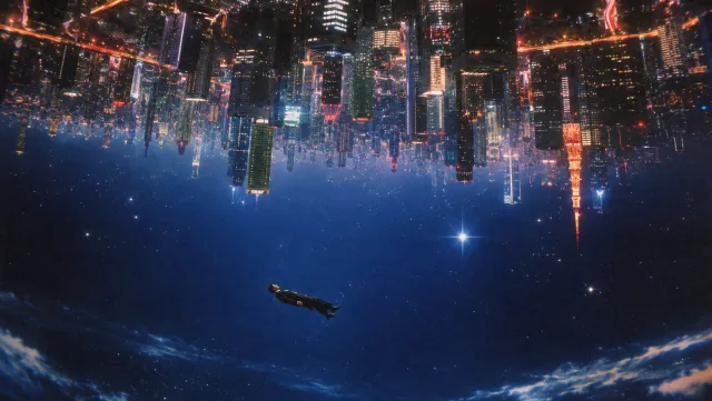 Une personne flotte dans un ciel bleu étoilé sous une ville futuriste à l'envers