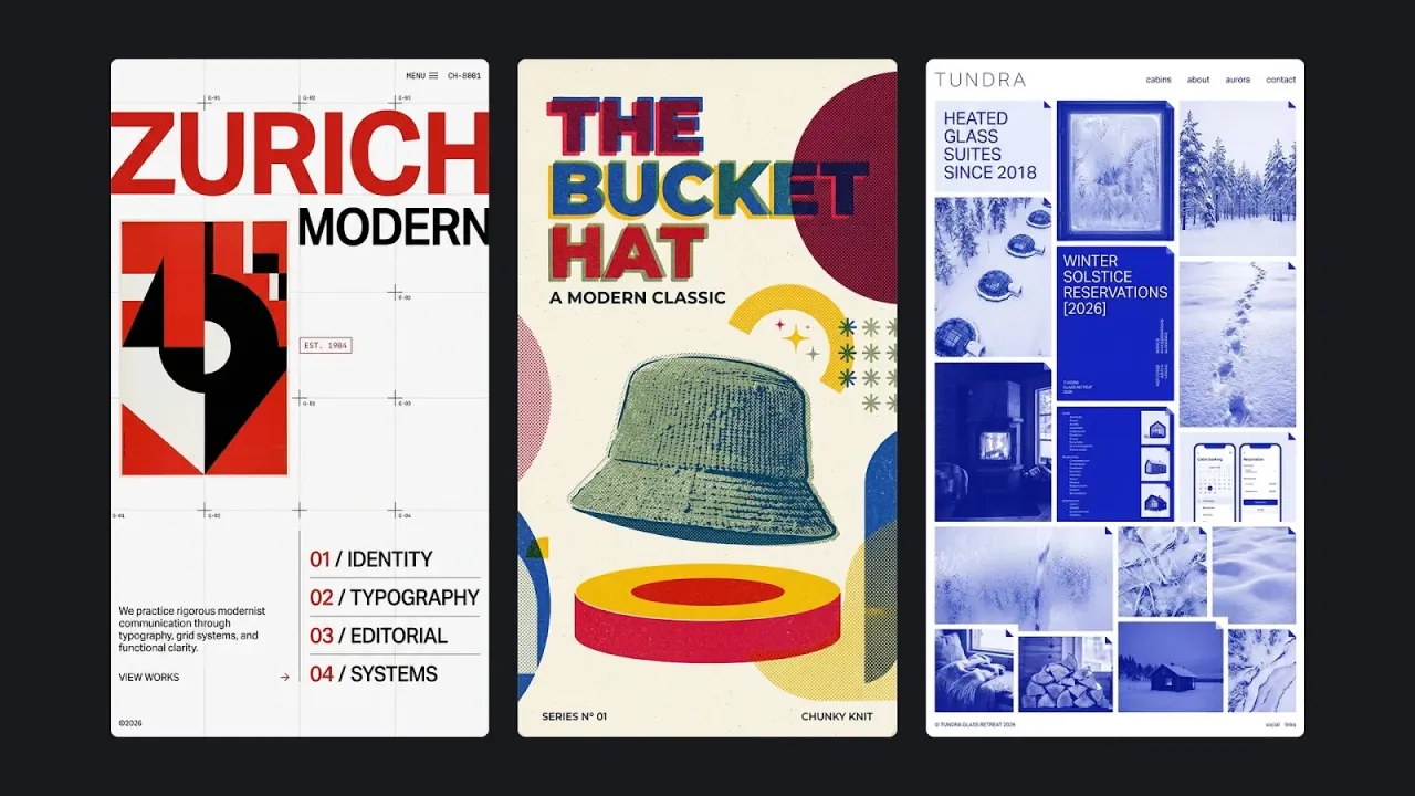 Three poster layouts — Zurich Modern, The Bucket Hat and Tundra — generated by Nano Banana 2.1