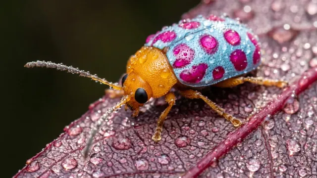 Macro photo of a colorful beetle covered in tiny water droplets