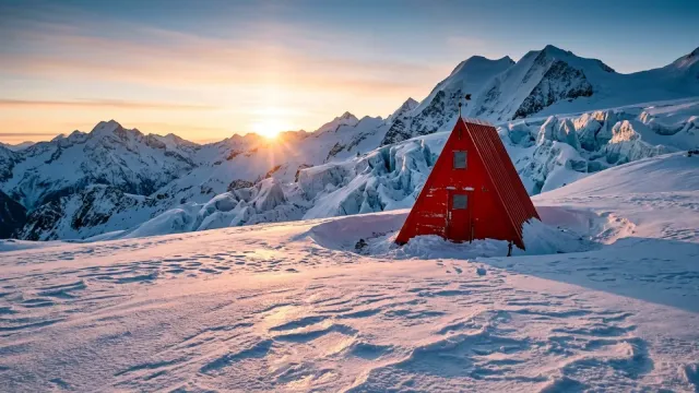A small red A-frame shelter in a snowy mountain landscape at sunrise