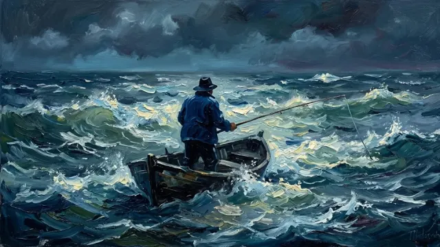 Oil painting of a lone fisherman in a small boat on a stormy sea