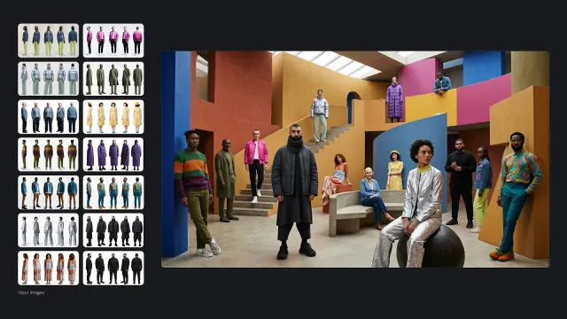 A group of fashion models composed from a grid of individual reference photos into one colorful scene