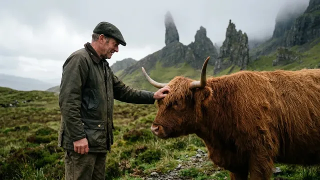 A man in a flat cap petting a Highland cow in Scottish mist