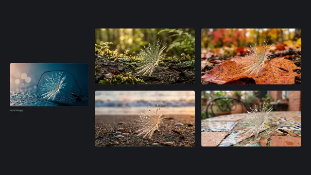 One dandelion seed from an input photo placed into four different outdoor scenes