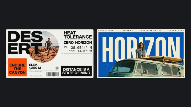 Two adventure posters titled DESERT and HORIZON with bold editorial typography