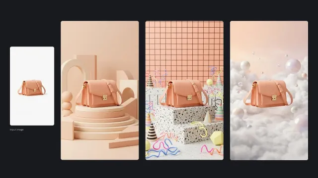 A pink shoulder bag kept identical across three styled product backdrops